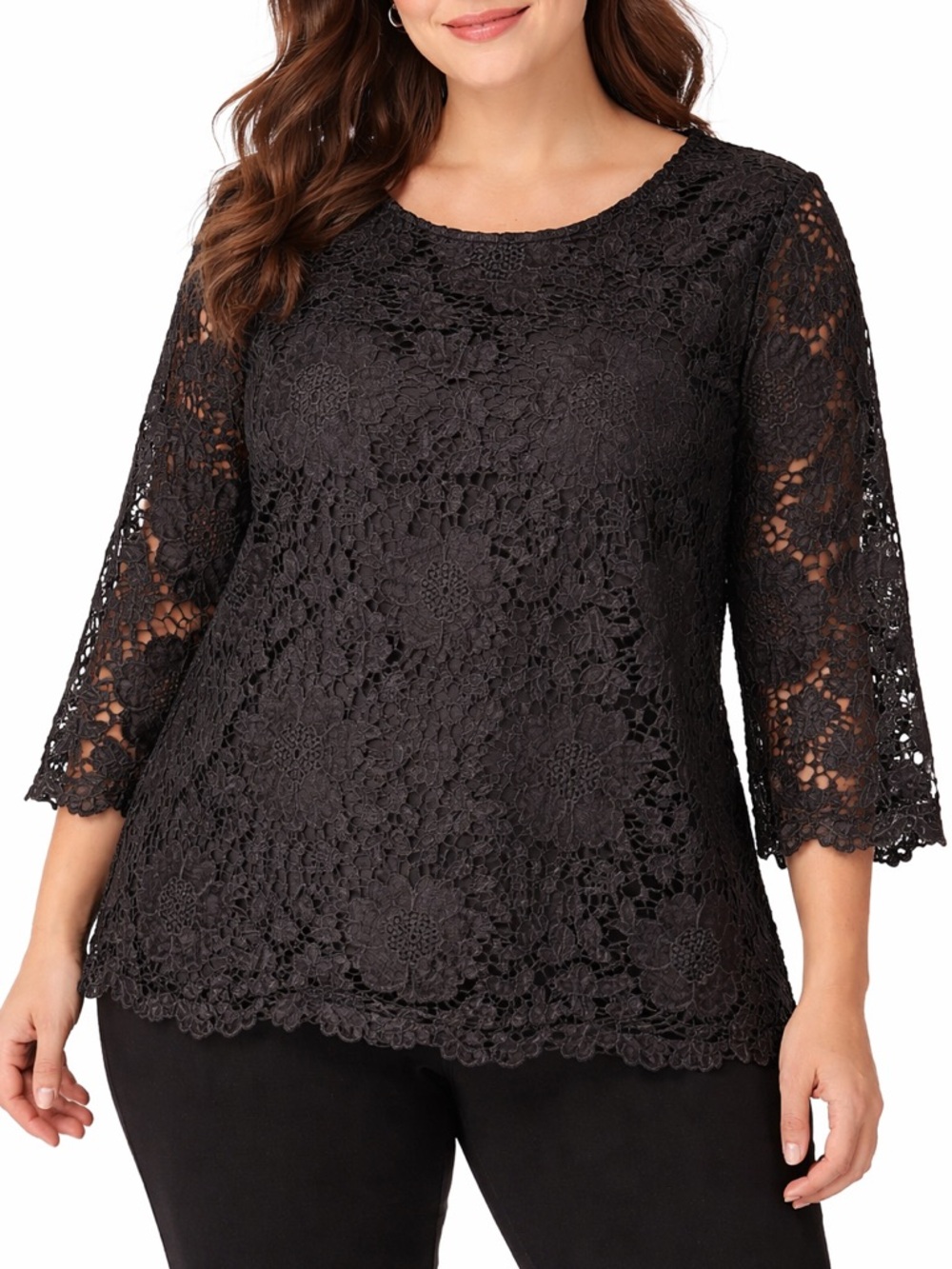 Simply Emma Womens Plus 2X Black Lace Floral Top 3/4 Sleeve Blouse